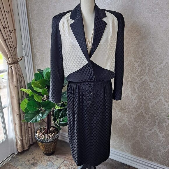 Styles by Mister C Size 8 Black/Cream Silk Dress Matching Jacket Vintage 1980's - Picture 1 of 16